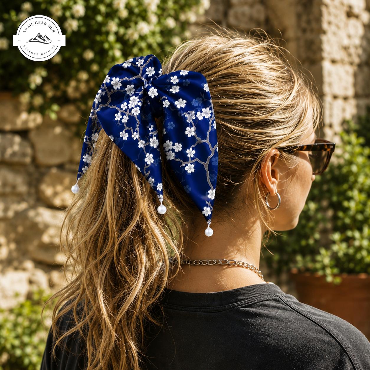 Chic Blue Floral Satin Pearl Hair Tie TN09