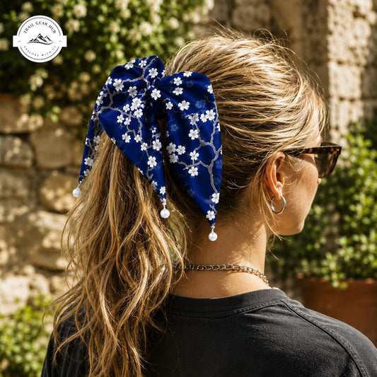 Chic Blue Floral Satin Pearl Hair Tie TN09