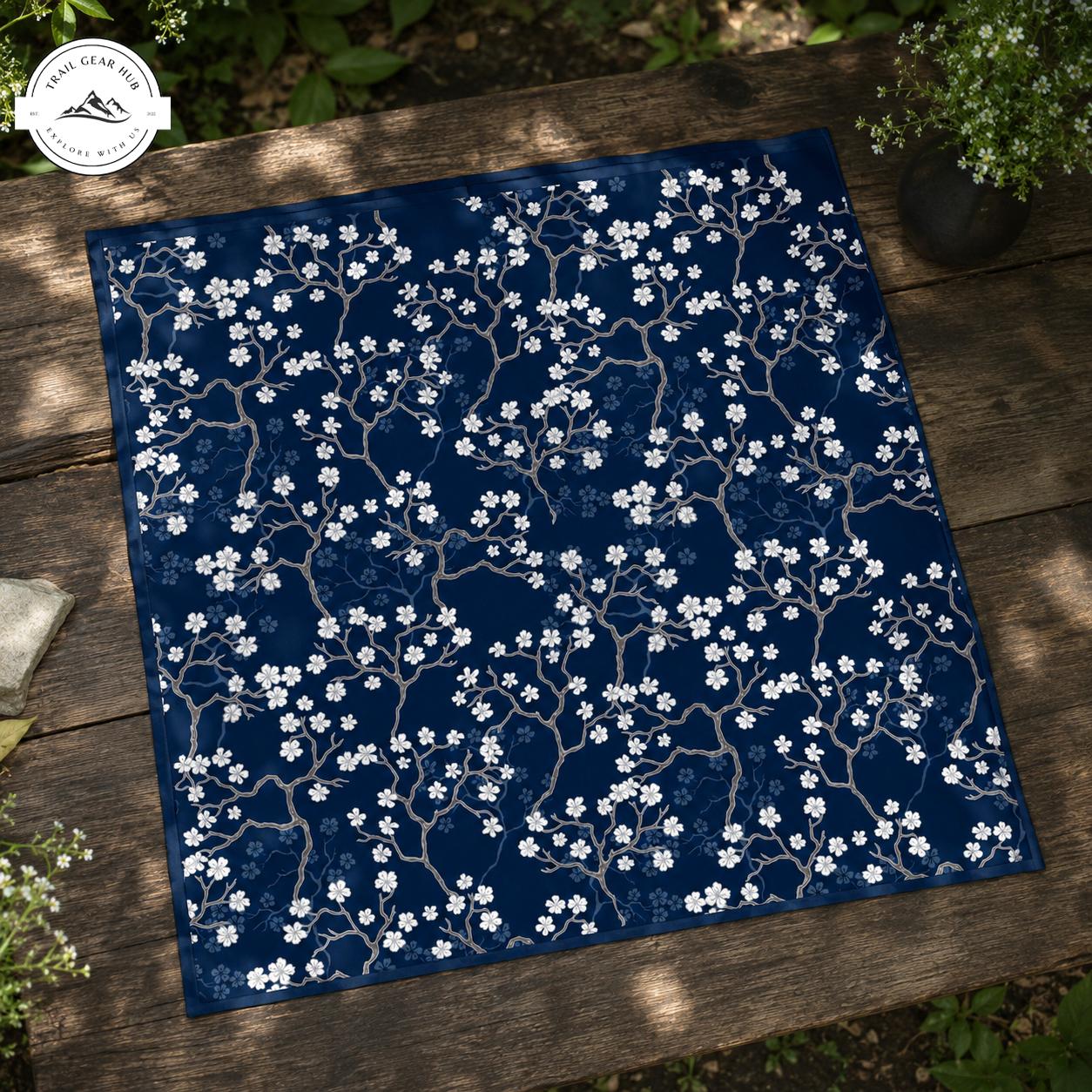Vintage Floral Navy Blue Satin Square Scarf TN09