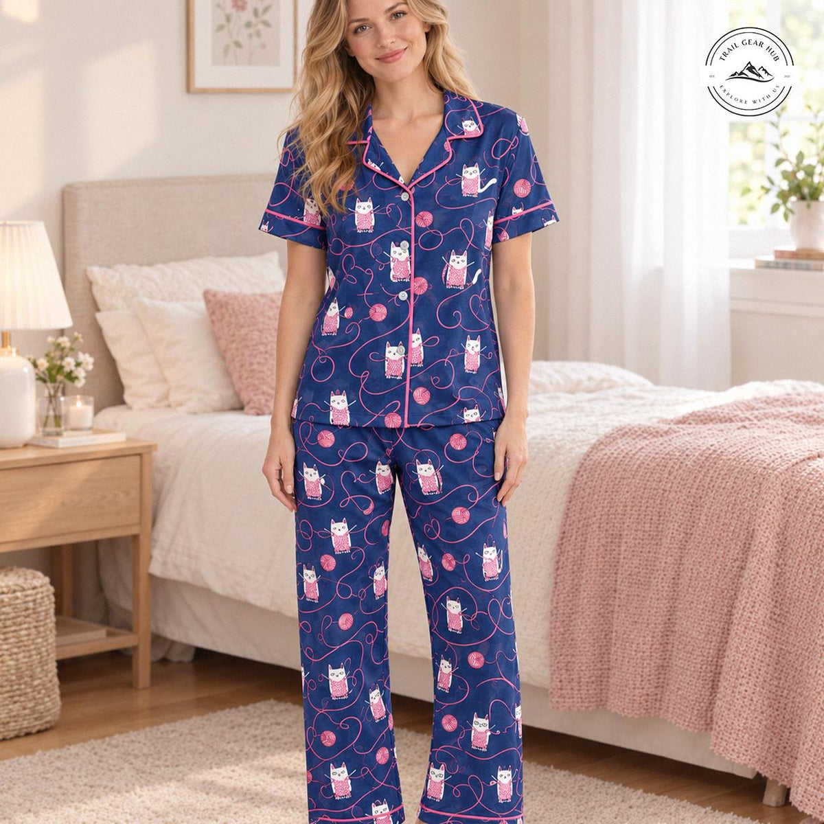 Cozy Cat Pattern Women Satin Pajama Short Sleeves Long Pants TN03