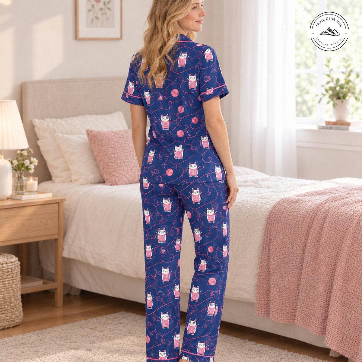 Cozy Cat Pattern Women Satin Pajama Short Sleeves Long Pants TN03