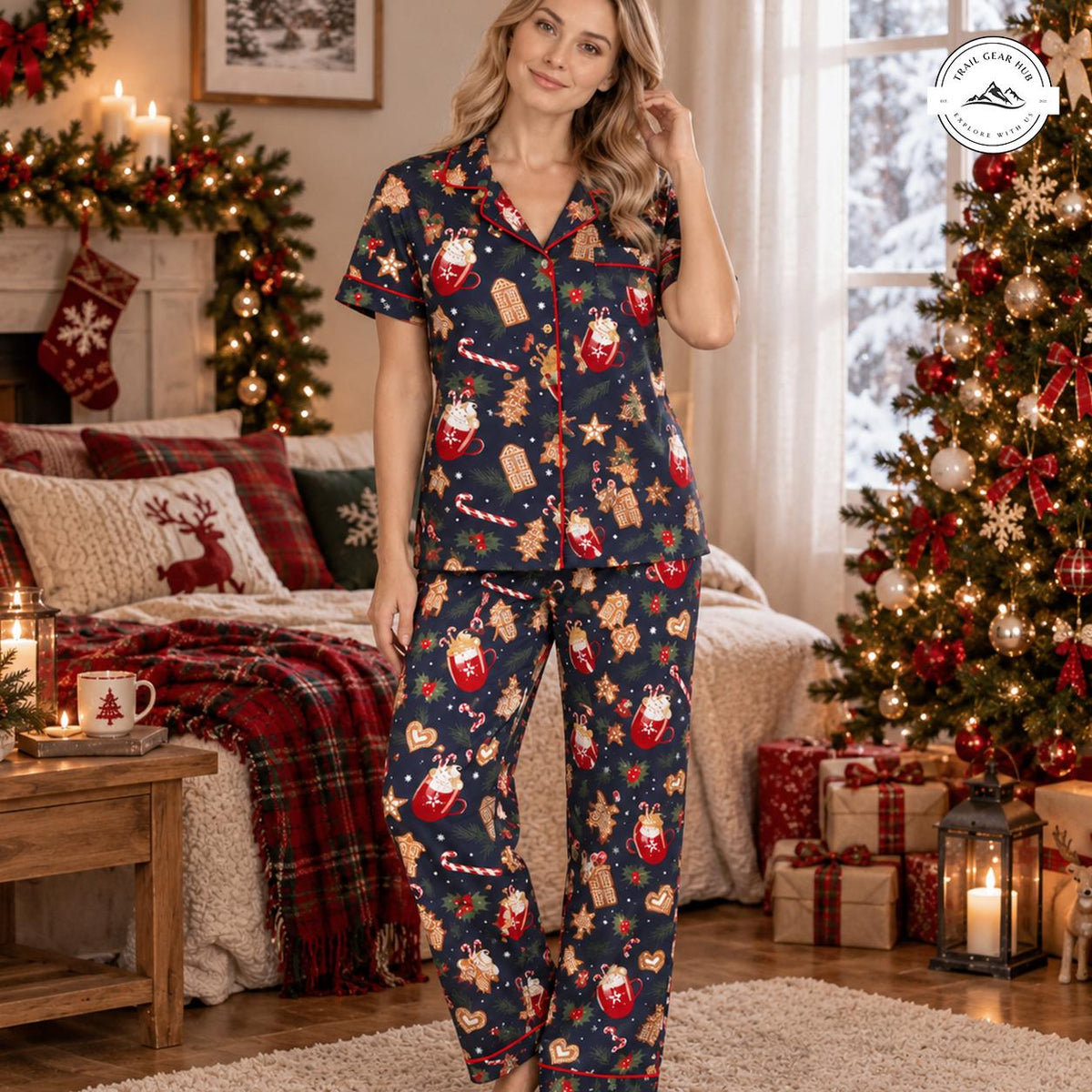 Festive Christmas Pattern Women Satin Pajama Short Sleeves Long Pants TN04
