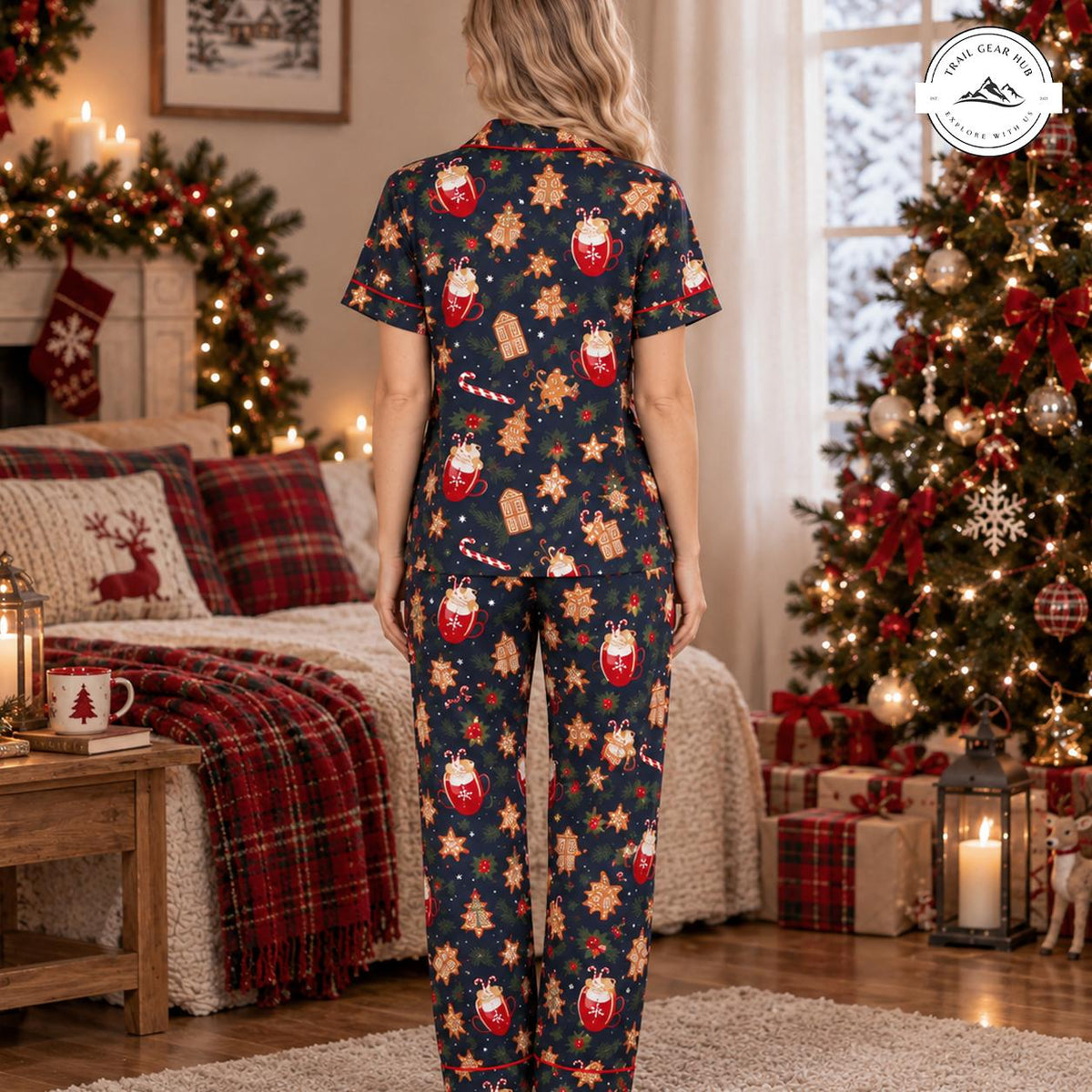Festive Christmas Pattern Women Satin Pajama Short Sleeves Long Pants TN04