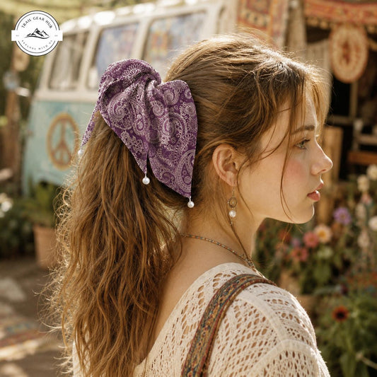 Boho Purple Paisley Satin Pearl Hair Tie TN10SPHT