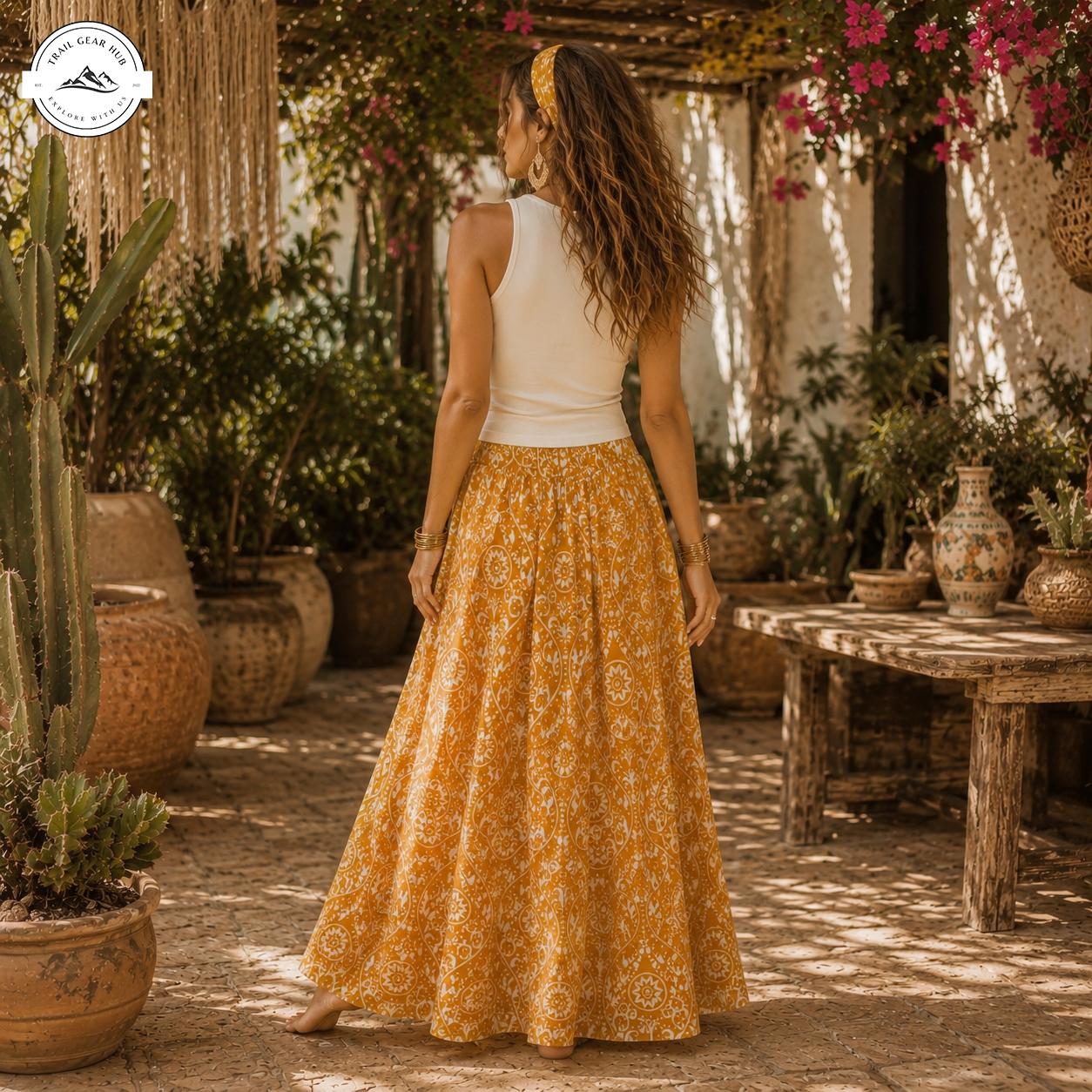 Boho Floral Flowy Beach Women's Maxi Chiffon Skirts With Lining TN06