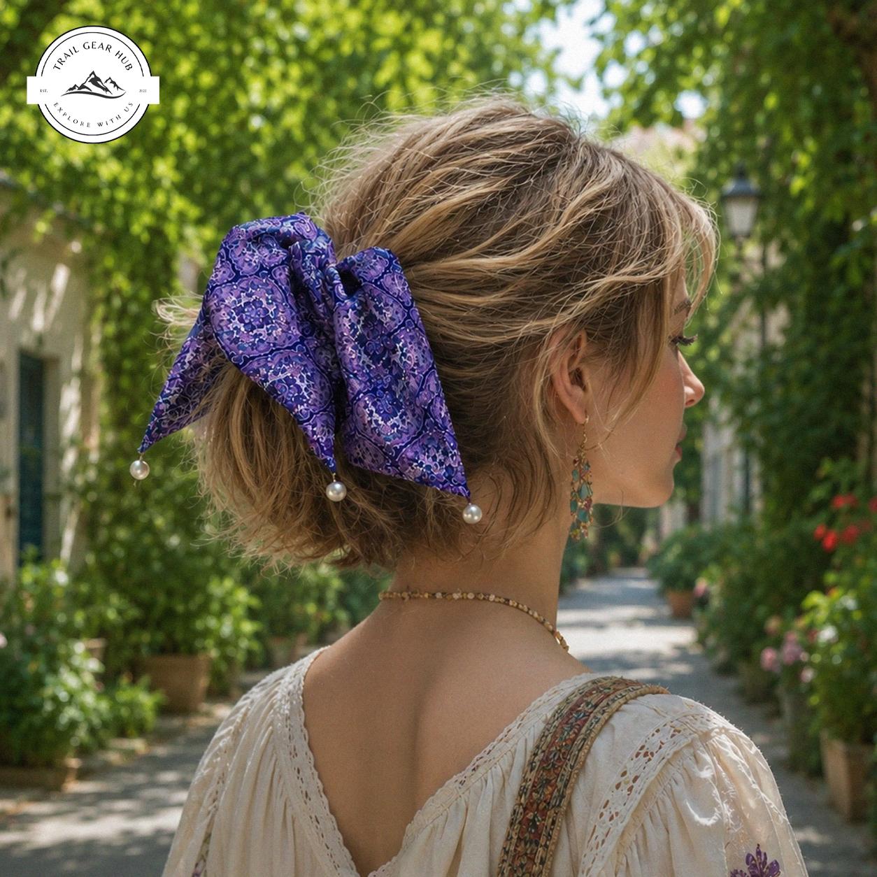 Vibrant Purple Flowy Satin Pearl Hair Tie TN07SPHT