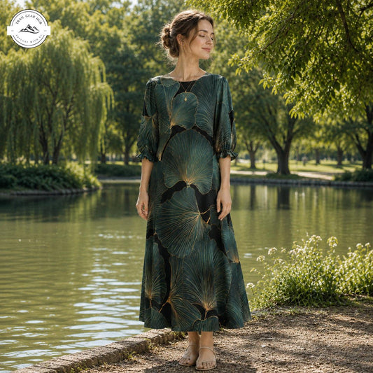 Botanical Fan Print Women's Mid Length Sleeve Dress TN03