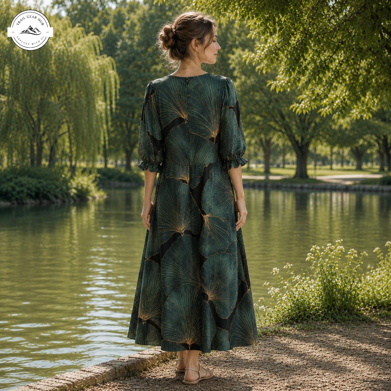 Botanical Fan Print Women's Mid Length Sleeve Dress TN03