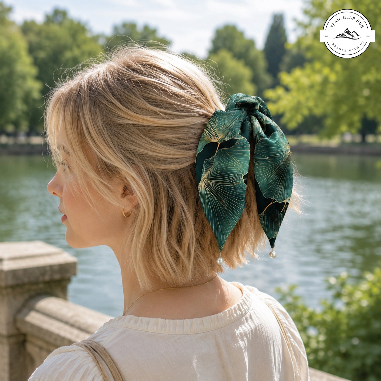 Botanical Fan Print Satin Pearl Hair Tie TN03SPHT