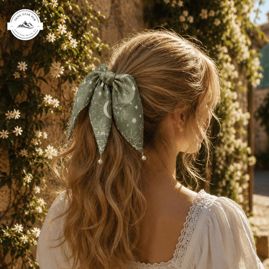Boho Sage Green Satin Pearl Hair Tie TN03SPHT