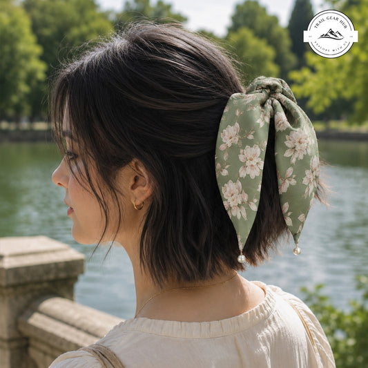 Sage Green Floral Satin Pearl Hair Tie TN02SPHT