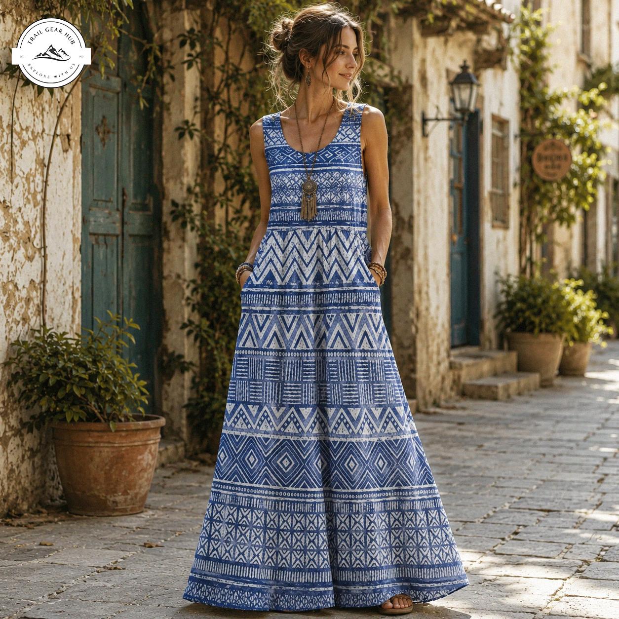 Boho Geometric Print Women’s Sleeveless Maxi Dress TN02
