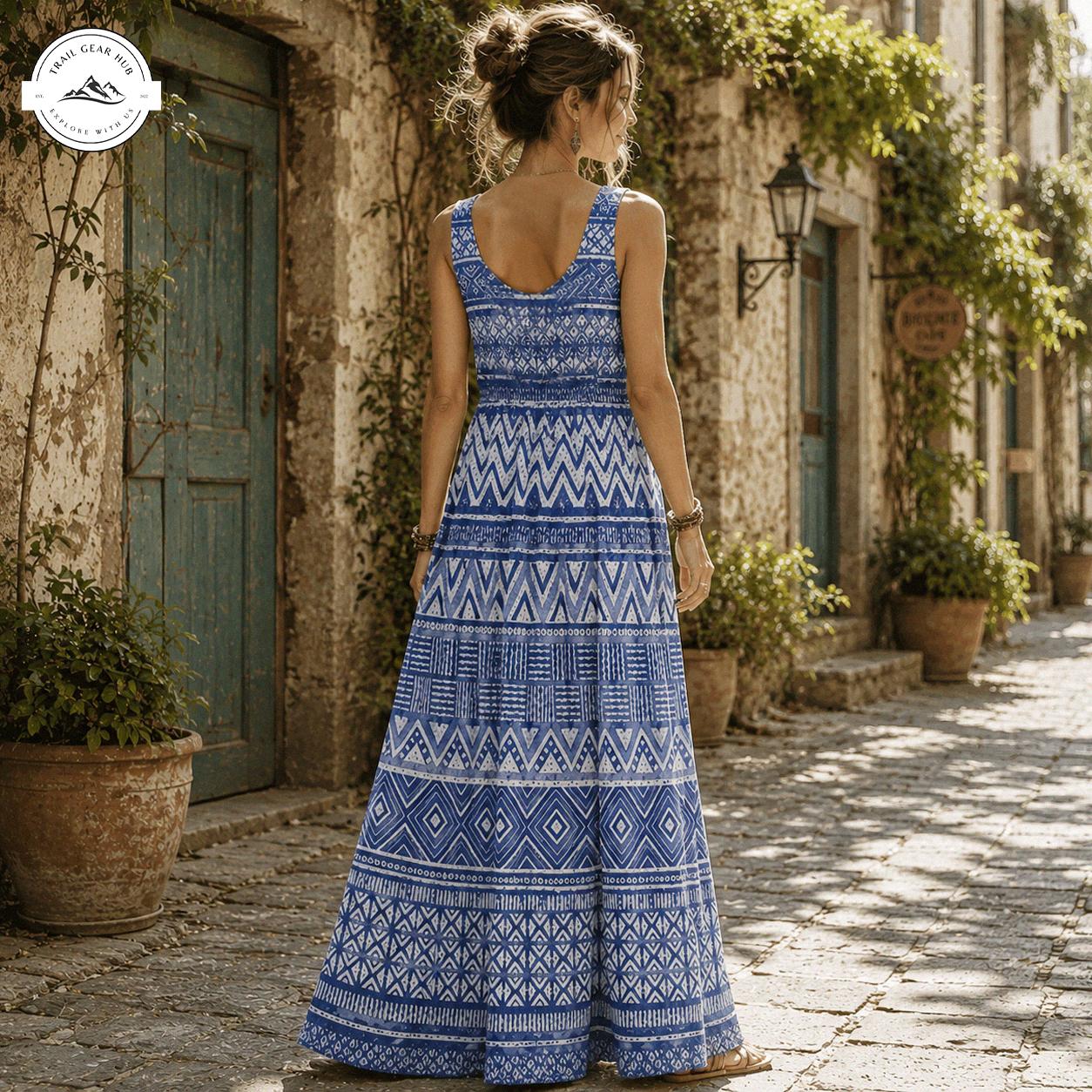 Boho Geometric Print Women’s Sleeveless Maxi Dress TN02