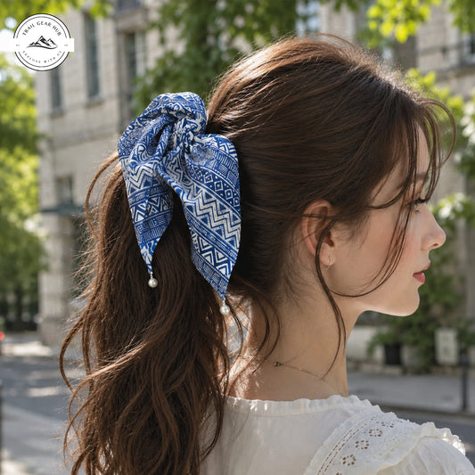 Boho Geometric Print Satin Pearl Hair Tie TN02SPHT