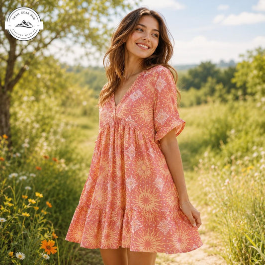 Summer Sunburst Floral Women’s Flowy V Neck Dress TN04