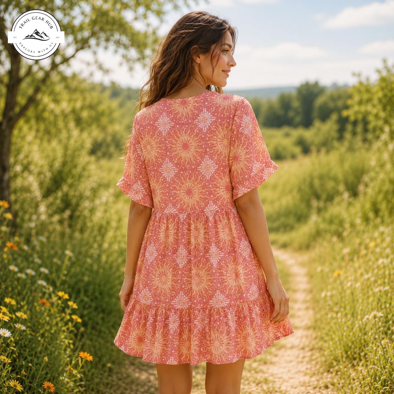 Summer Sunburst Floral Women’s Flowy V Neck Dress TN04
