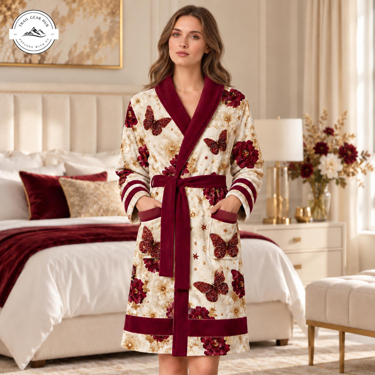 Burgundy Floral & Butterfly Printed Bathrobes TP03
