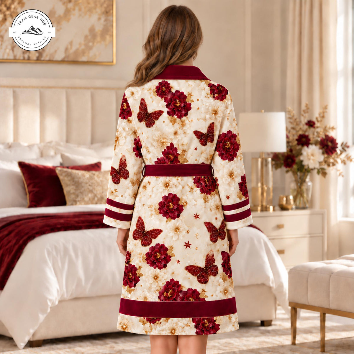 Burgundy Floral & Butterfly Printed Bathrobes TP03
