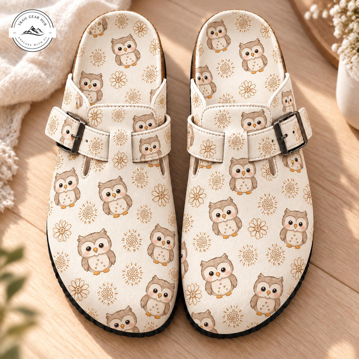 Owl and Daisy Floral Print Suede Mules Slippers TP02