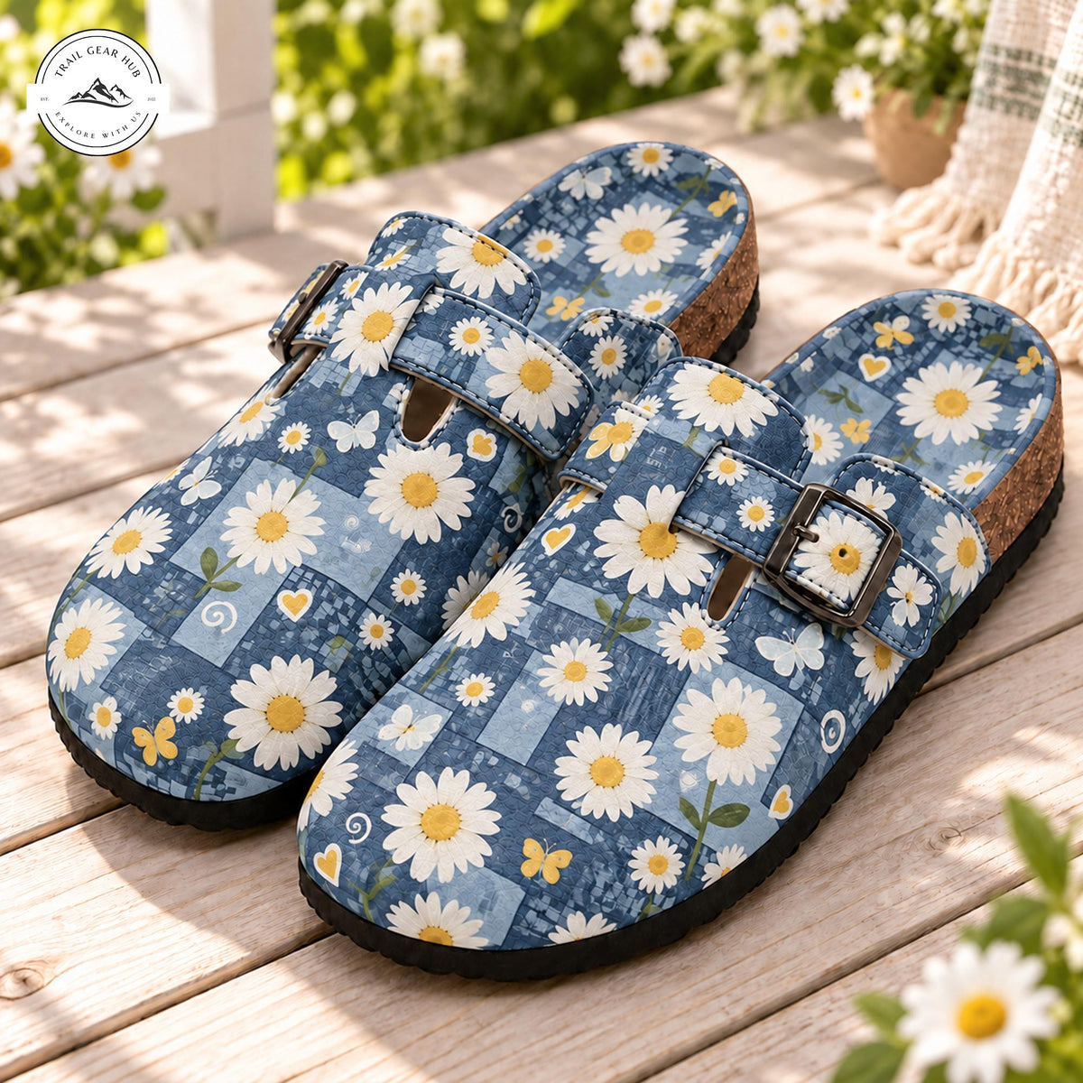 Blue Denim & White Daisy Pattern Suede Mules Slippers TP03