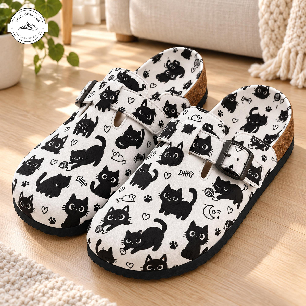 Cute Black Cat Print Suede Mules Slippers TP04