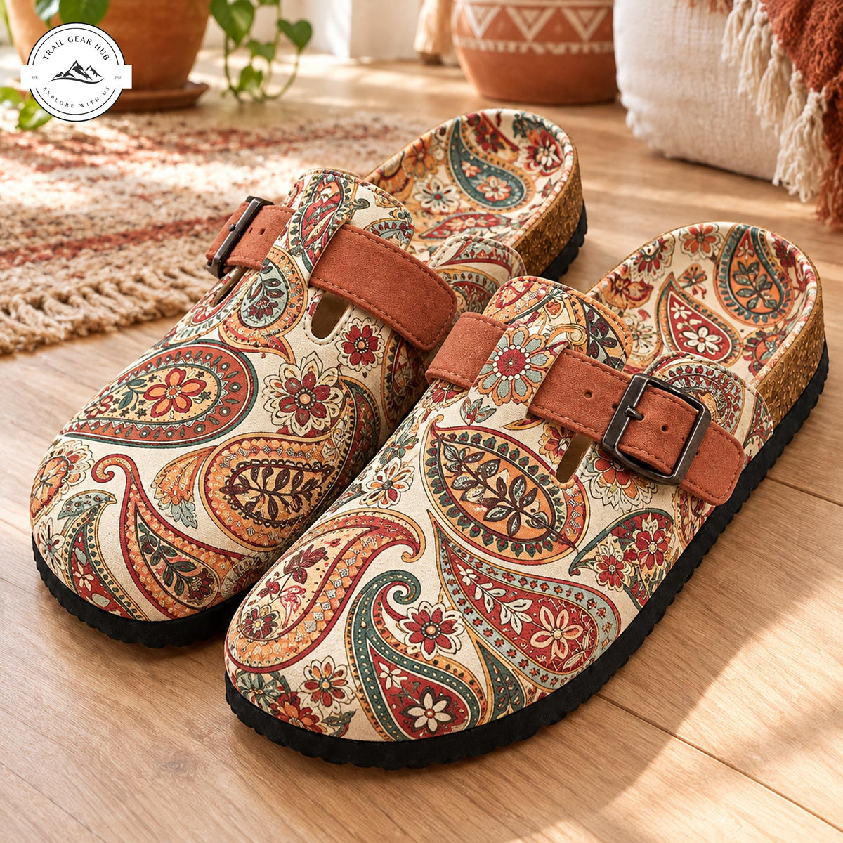 Boho Floral Print Suede Mules Slippers TP06
