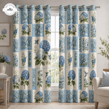 Vintage Blue Hydrangea & Hummingbird Floral Grommet Curtains TP02