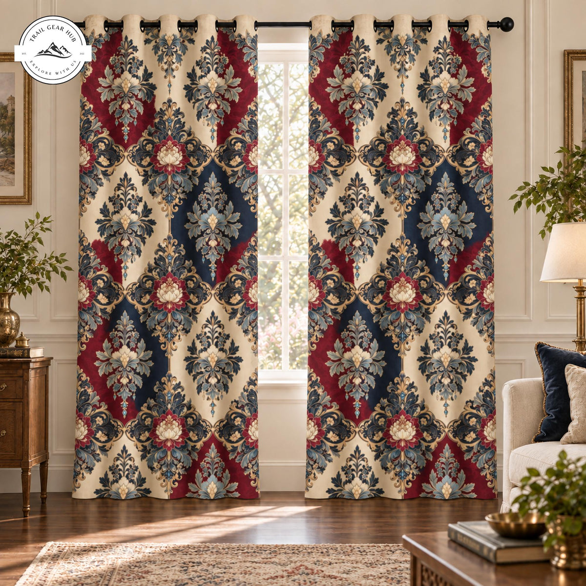 Elegant Red & Navy Damask  Grommet Curtains TP21