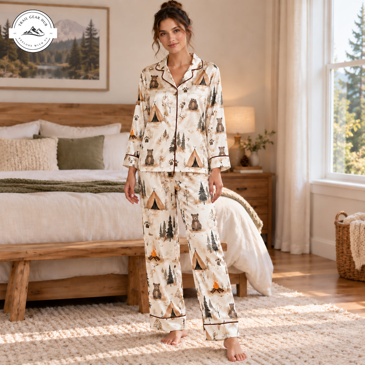 Cozy Woodland Camping Women Long Satin Pajama TP01
