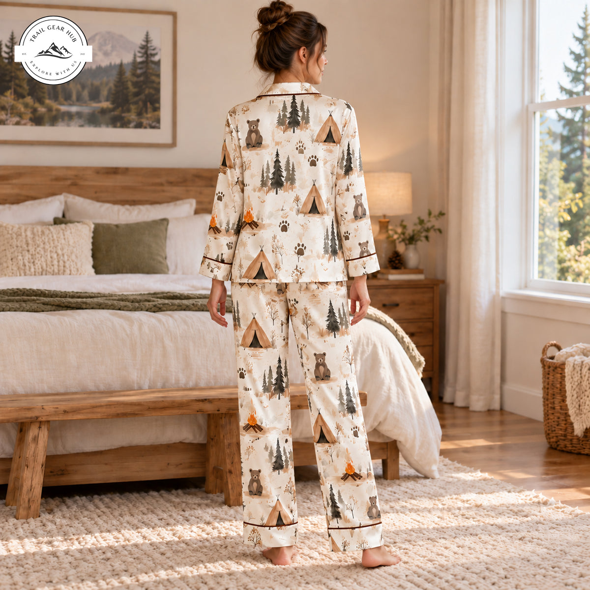 Cozy Woodland Camping Women Long Satin Pajama TP01