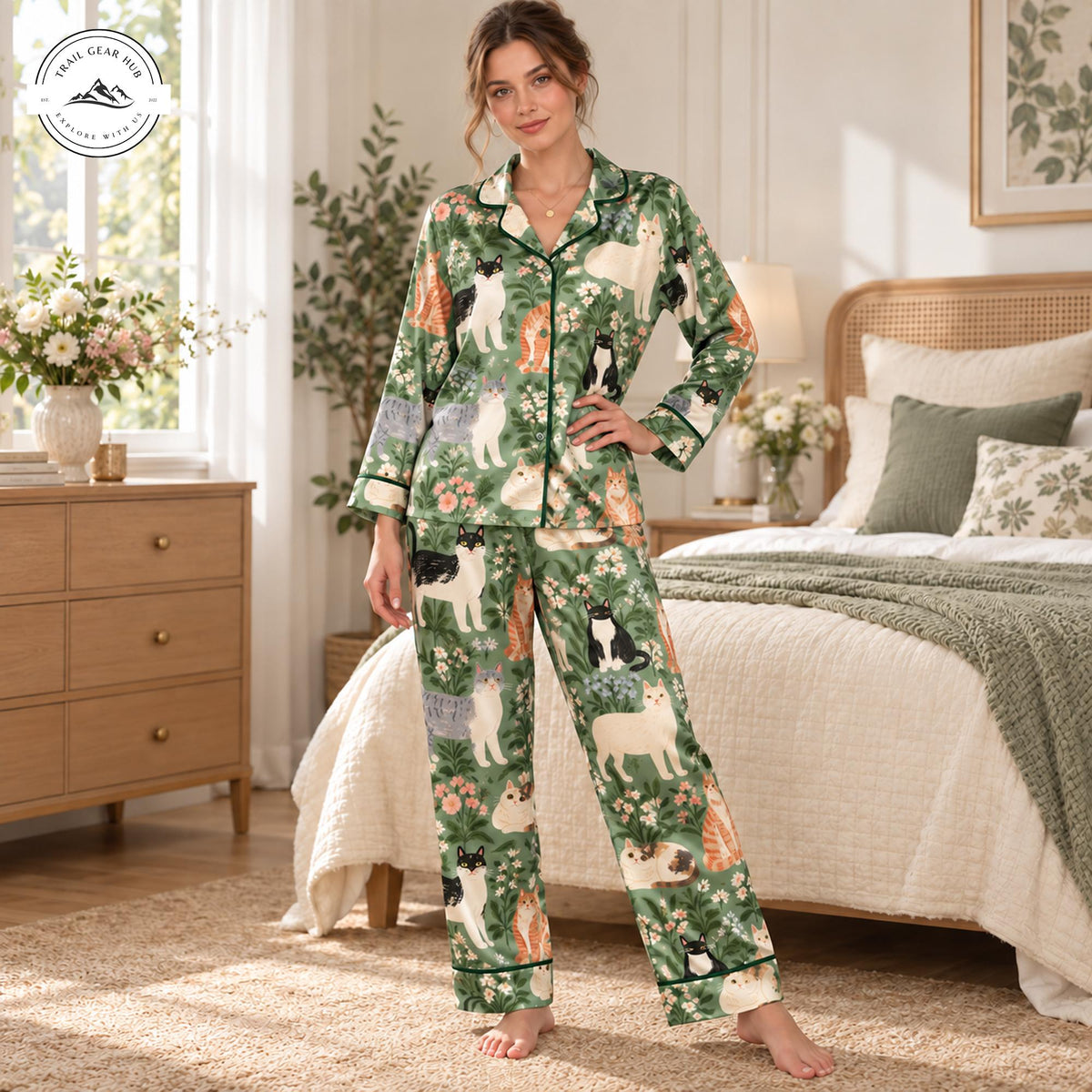 Cozy Green Floral & Cat Patterned Women Long Satin Pajama TP03