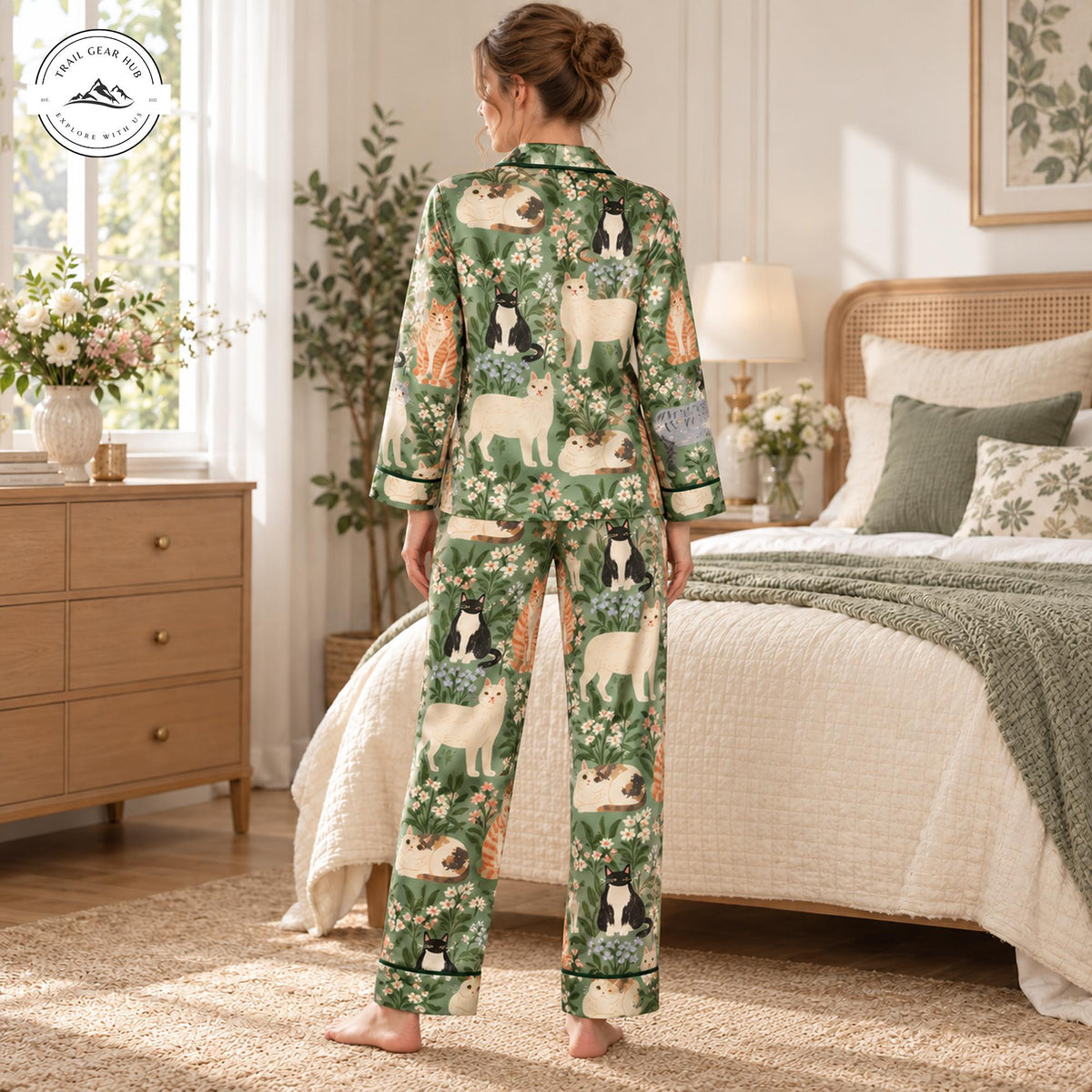 Cozy Green Floral & Cat Patterned Women Long Satin Pajama TP03