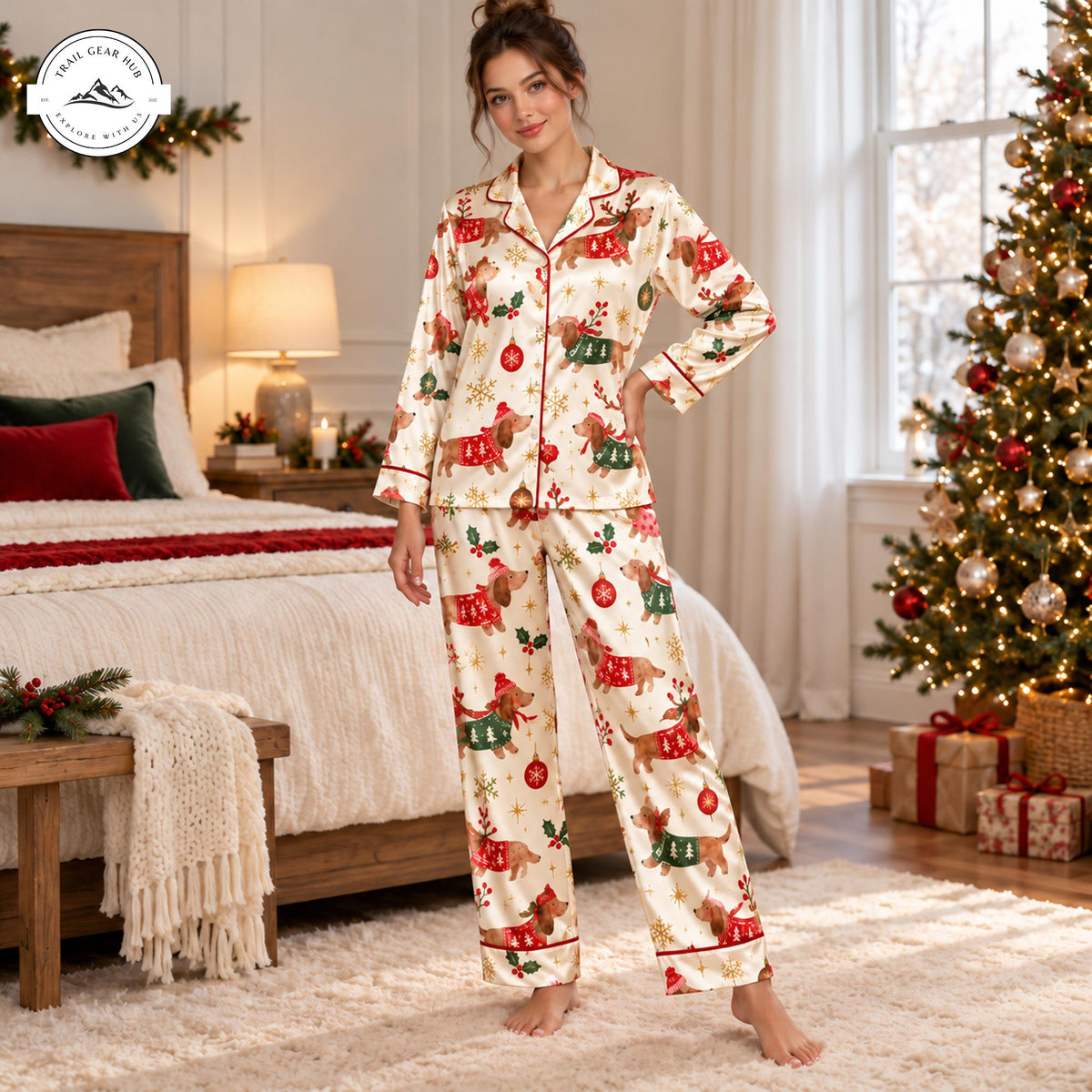 Cute Christmas Dachshund Women Long Satin Pajama TP04