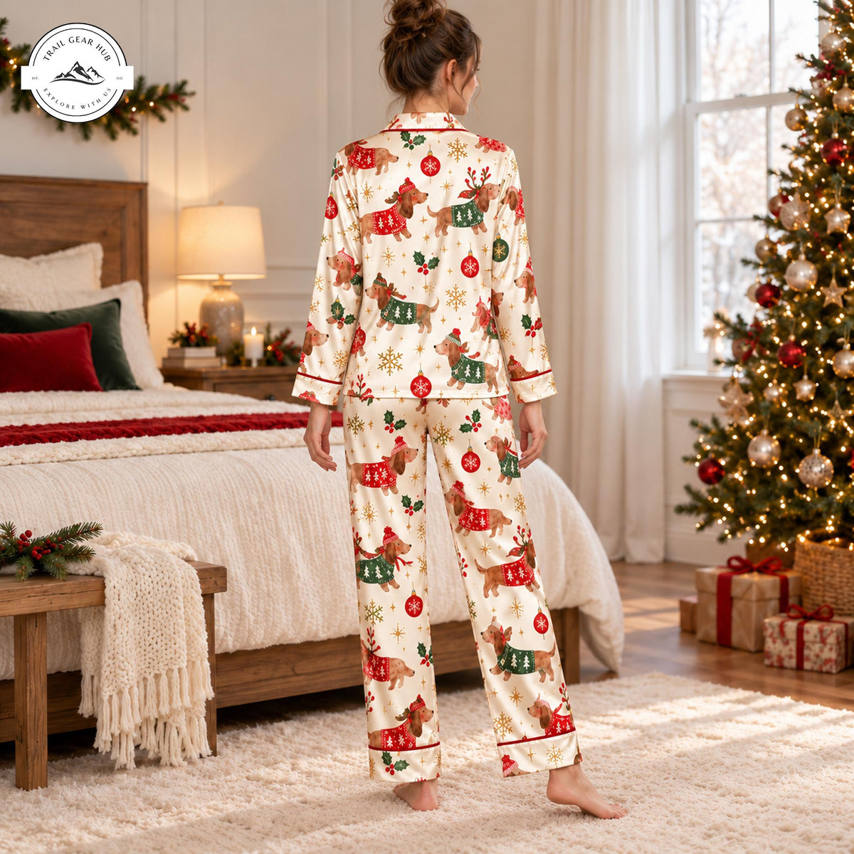 Cute Christmas Dachshund Women Long Satin Pajama TP04