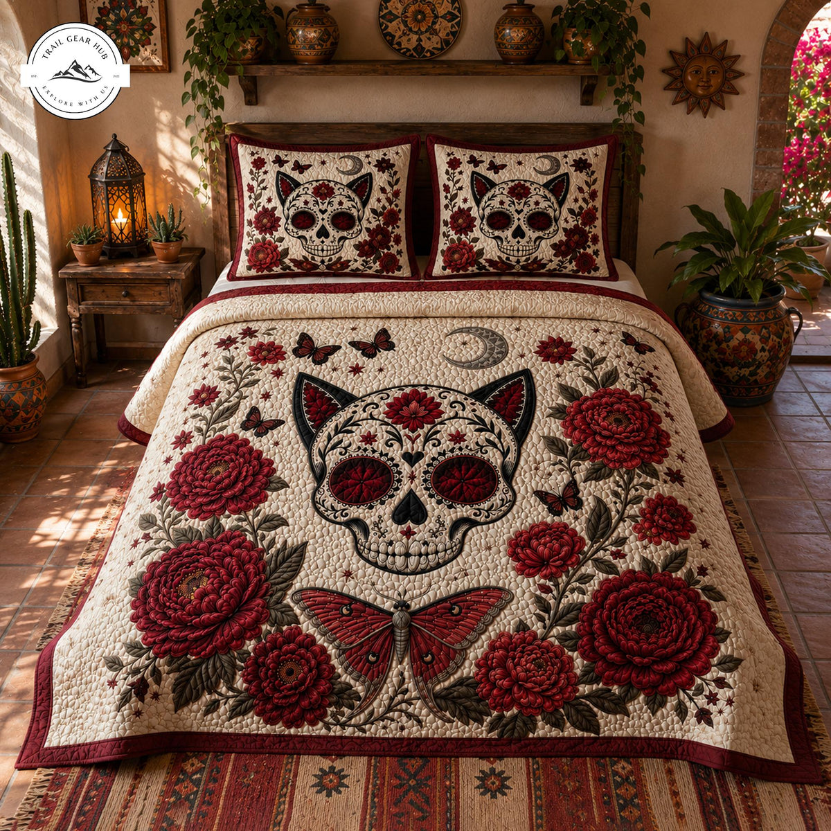 Sugar Skull Cat Floral Quilted Bedding Set TP20