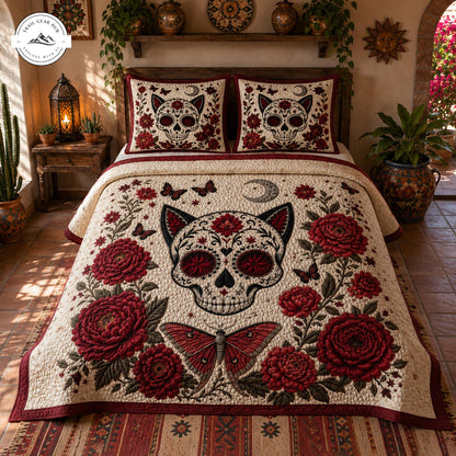 Sugar Skull Cat Floral Quilted Bedding Set TP20