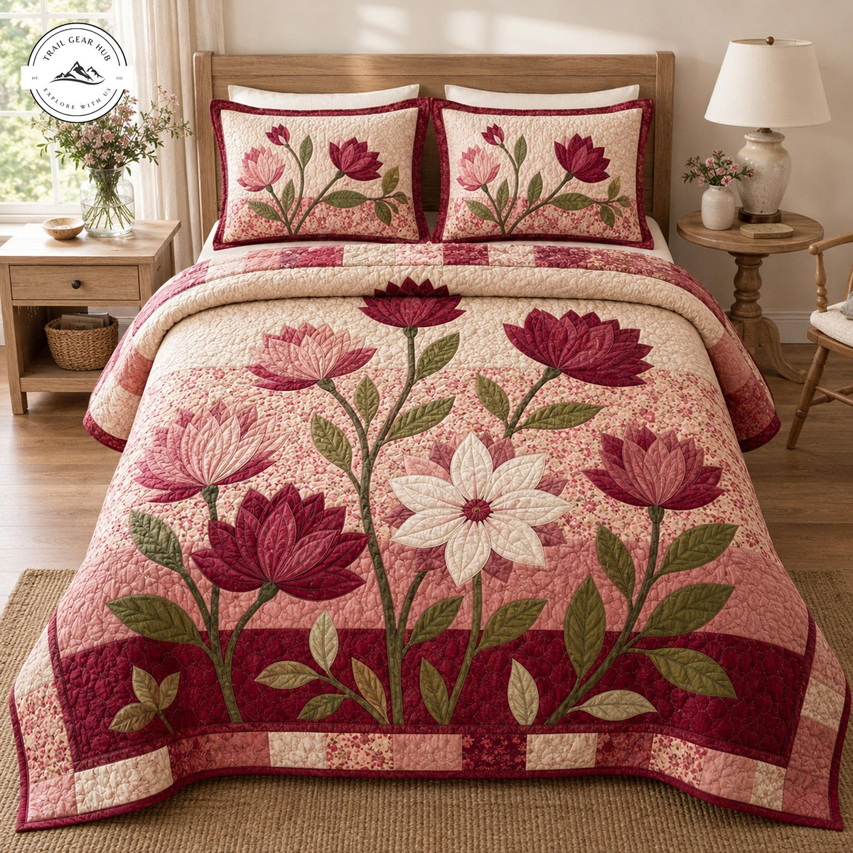 Vintage Lotus Floral Quilted Bedding Set TP27