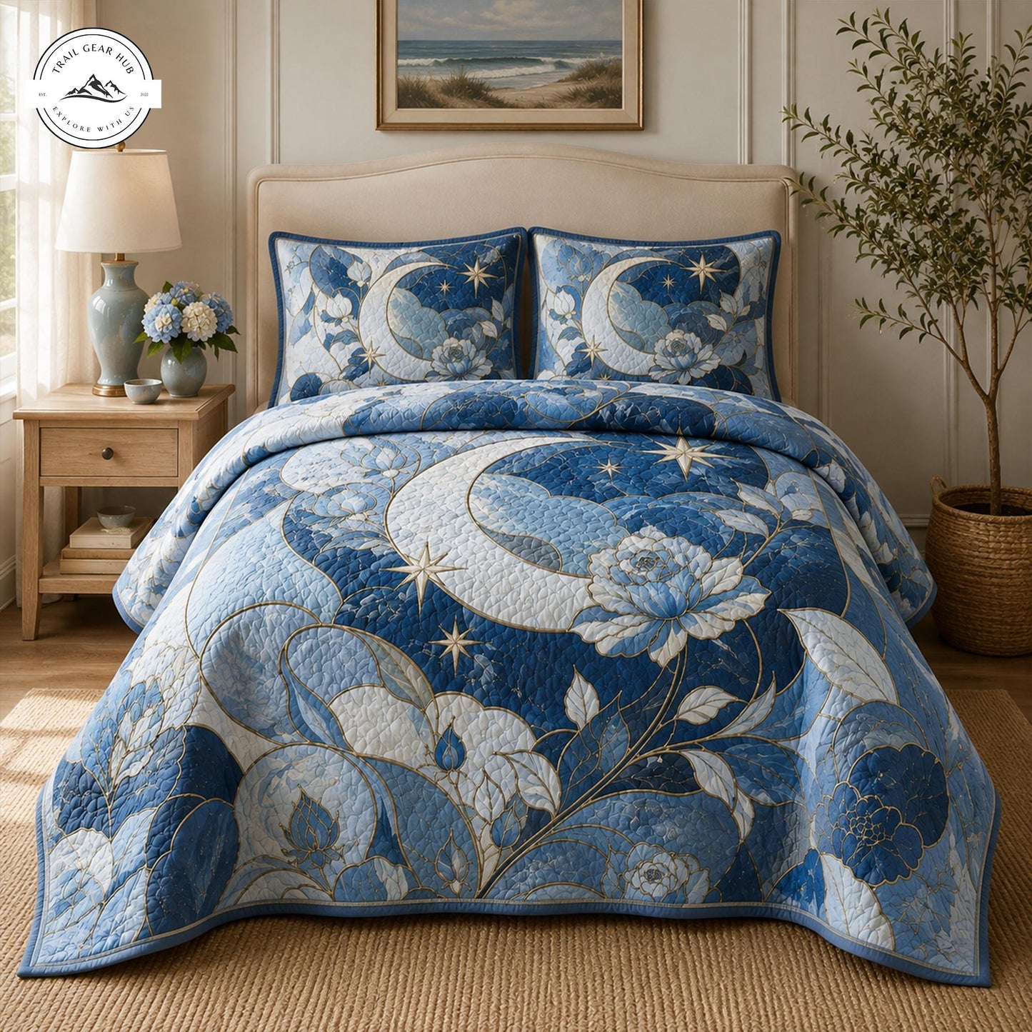 Blue Moon and Floral Quilted Bedding Set TP31