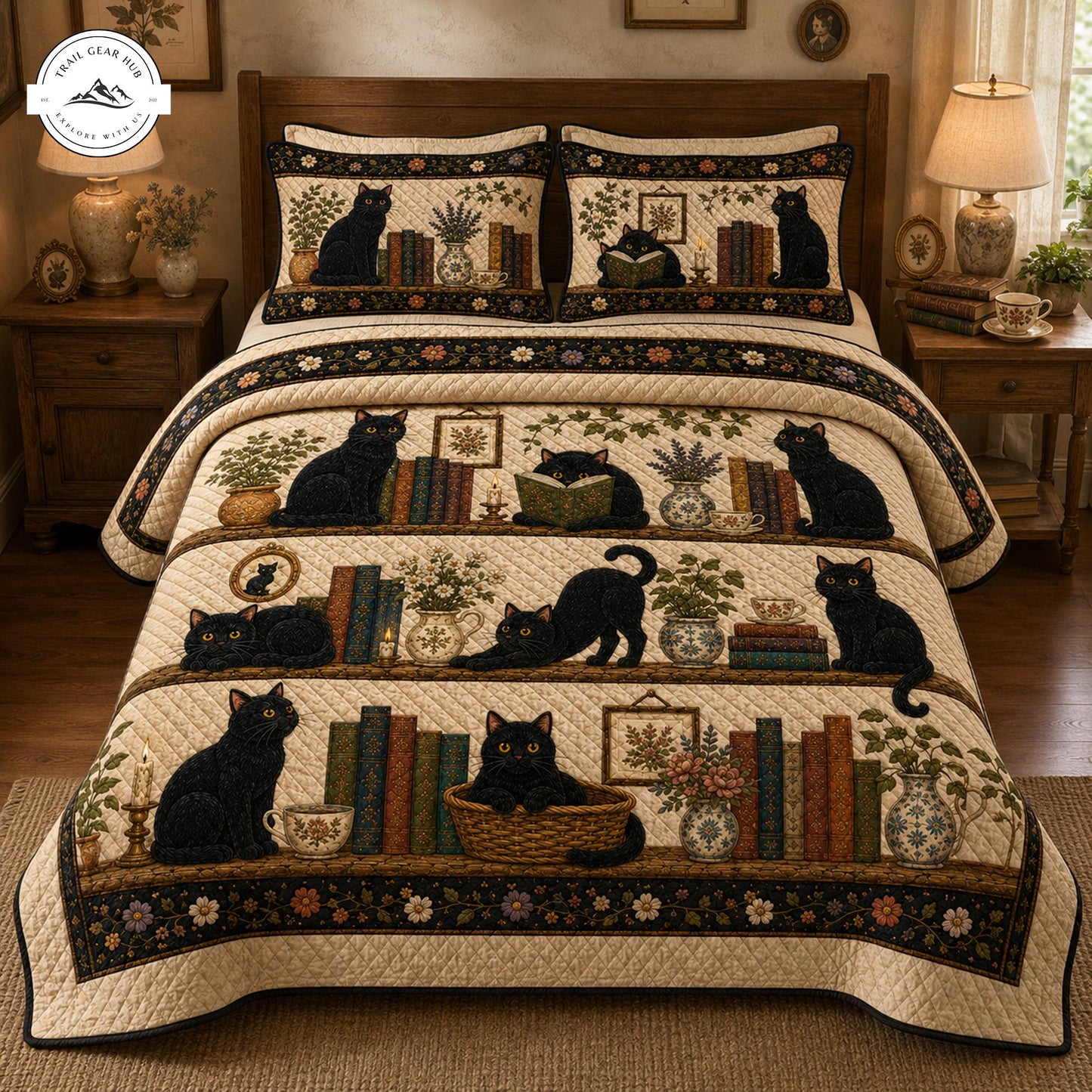 Cozy Library Black Cat Quilted Bedding Set TP35