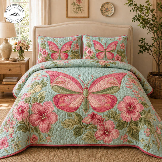 Light Blue Butterfly Floral Quilted Bedding Set TP49