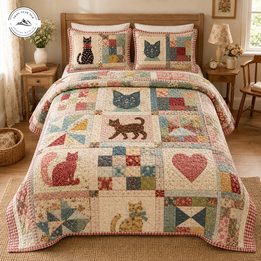 Cozy Vintage Cat Patchwork Quilted Bedding Set TP50