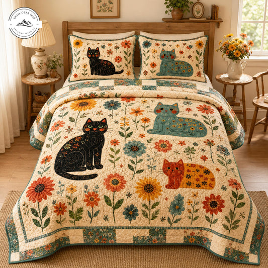 Folk Art Cat & Sunflower Floral Quilted Bedding Set TP51