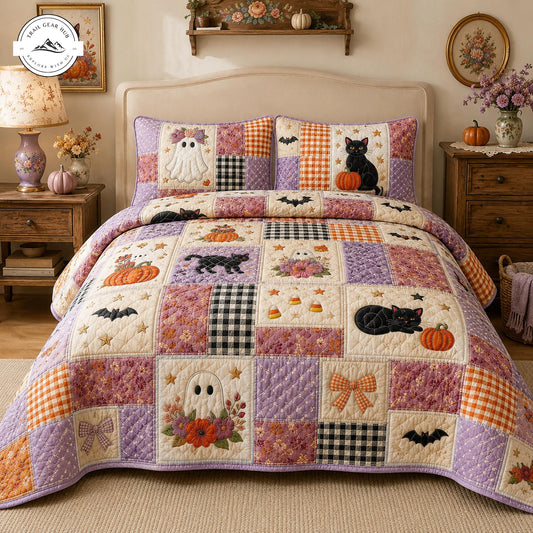 Cute Halloween Ghost & Black Cat Quilted Bedding Set TP60