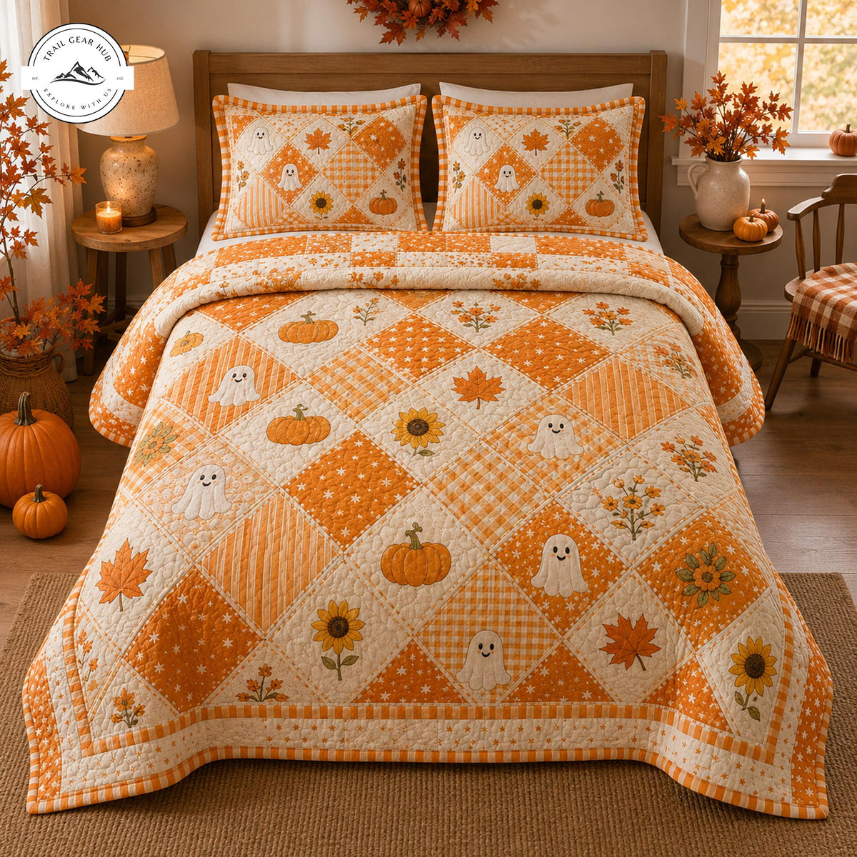 Pumpkin Ghost Sunflower Patchwork Quilted Bedding Set TP61