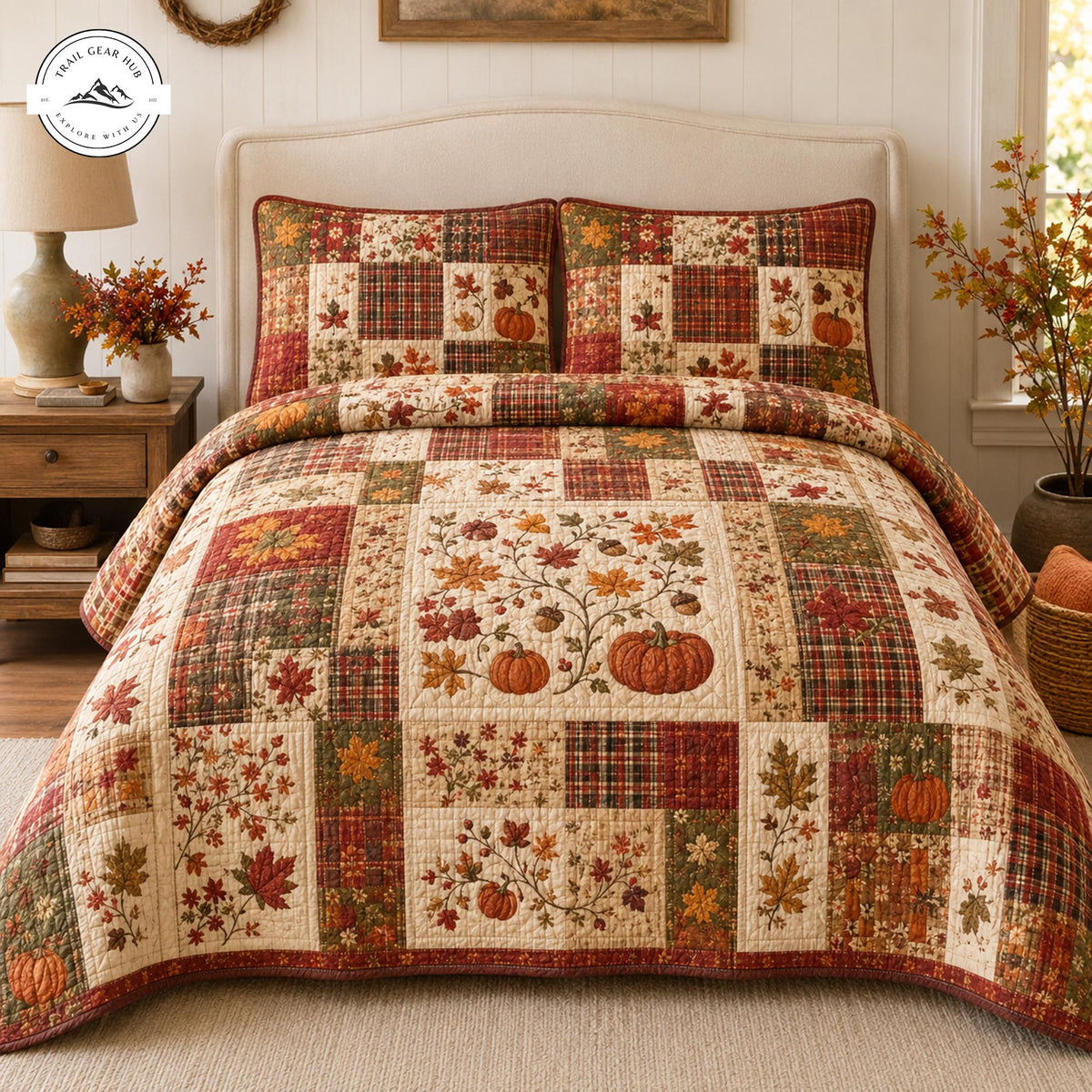 Autumn Maple Leaves & Pumpkin Patchwork Quilted Bedding Set TP77