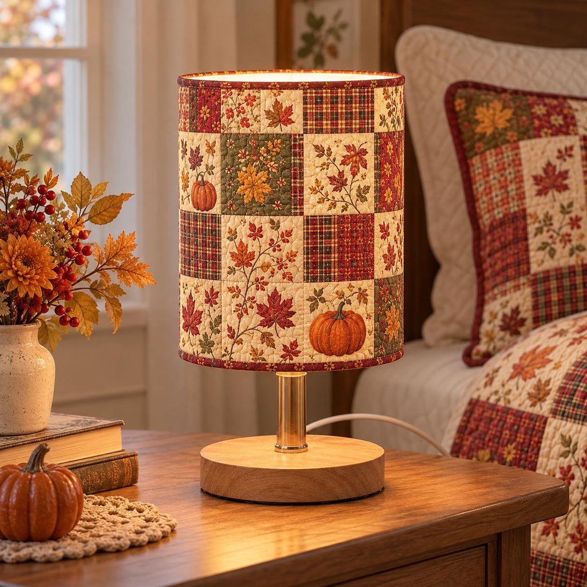 Autumn Maple Leaves & Pumpkin Patchwork Fabric Lamp TP77FBLP