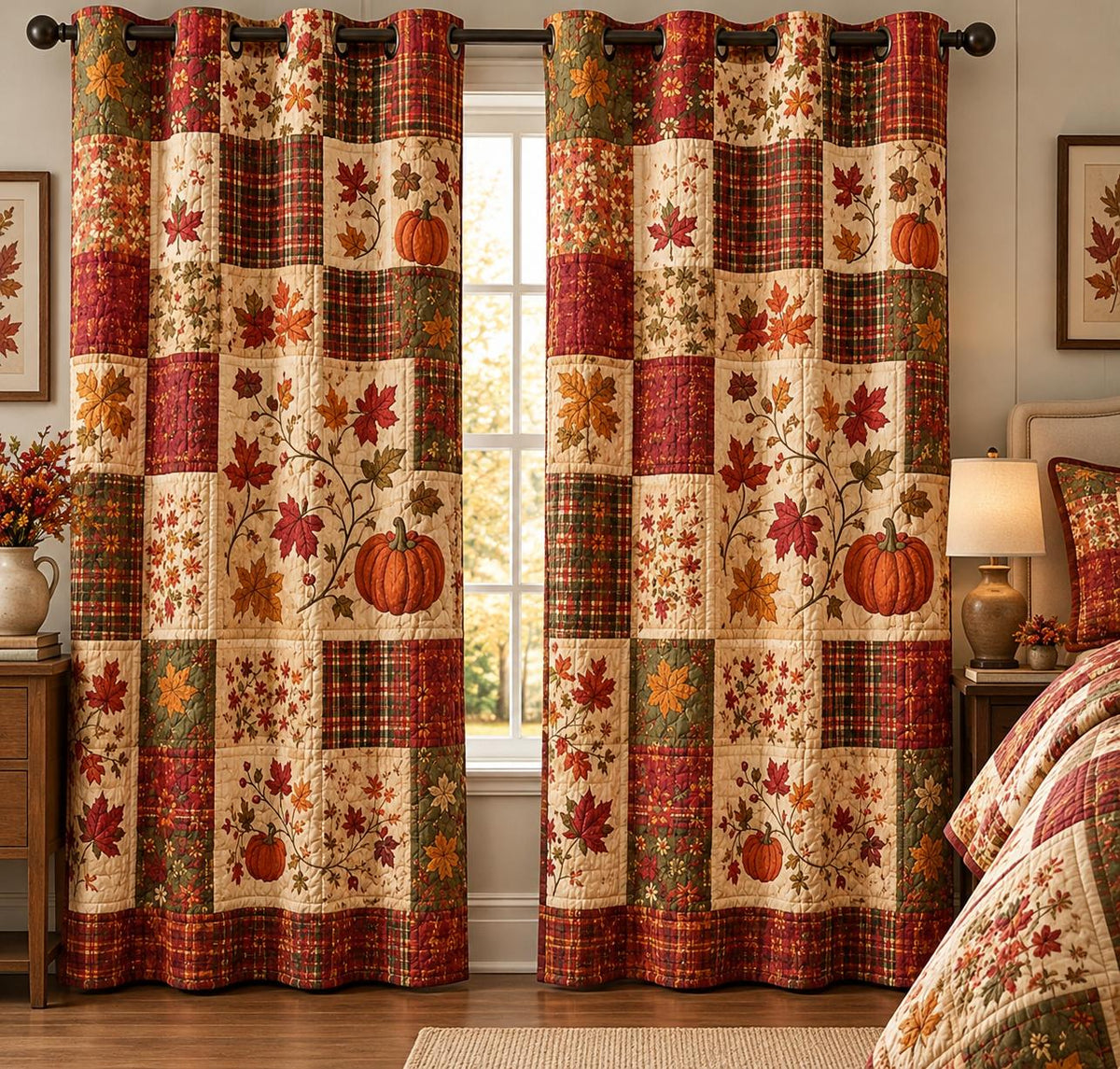Autumn Maple Leaves & Pumpkin Patchwork Quilted Curtains TP77QLTCT
