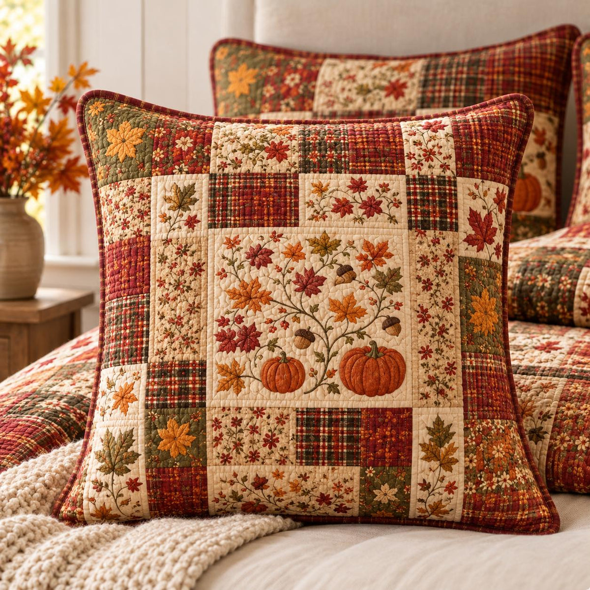 Autumn Maple Leaves & Pumpkin Patchwork Quilted Pillow Cover TP77QLTPLC