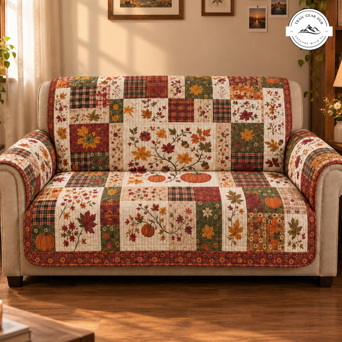 Autumn Maple Leaves & Pumpkin Patchwork Quilted Seat Sofa TP77QLTSS