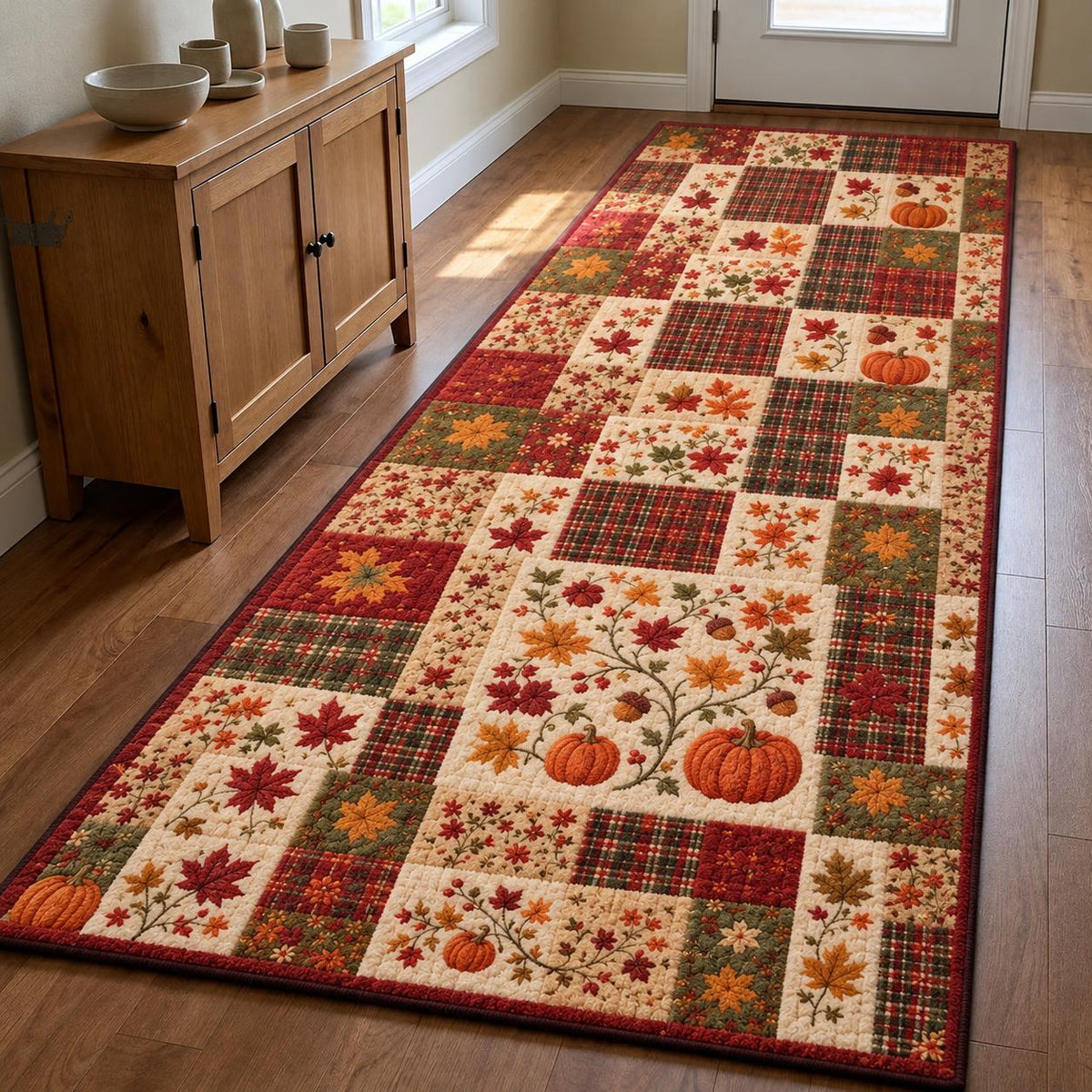 Autumn Maple Leaves & Pumpkin Patchwork Plush Runner Rug TP77RUGHN117